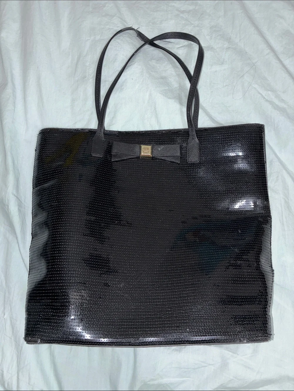 Kate & Spade NY Salinas Sequin Black Patent Tote Bag with Bow Accent